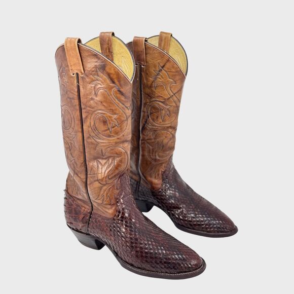 Larry Mahan Mens Western Boots Brown Leather Snakeskin Embossed Cowboy US 7D - Picture 1 of 9